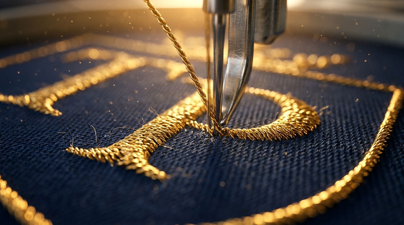 Gold embroidery needle stitching navy fabric